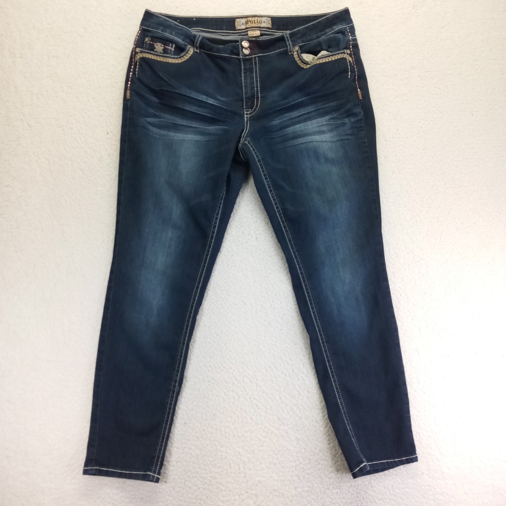 Apollo Jeans Women 15/16 Dark Wash Embellished Flap Pocket Contrast Stitch Denim